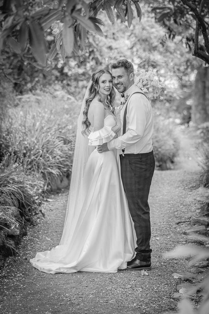 Bride and groom portraits at Glenfalloch Gardens